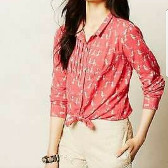 Anthropologie Tops - Holding Horses Ismay Pink Bird Button Down Shirt